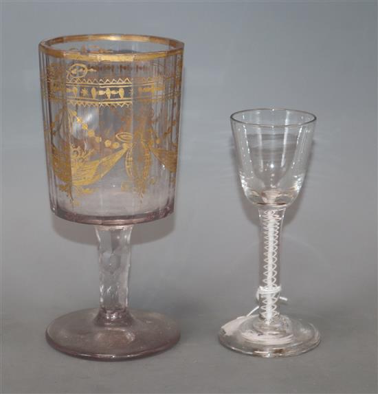 An 18th century air twist glass and gilt decorated glass tallest 17.5cm